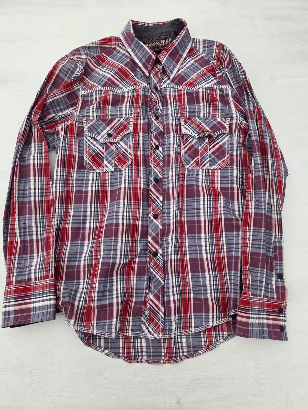 Rock & Roll Cowboy Red Plaid Western Shirt Long Sleeve Snap Front Mens L Rodeo